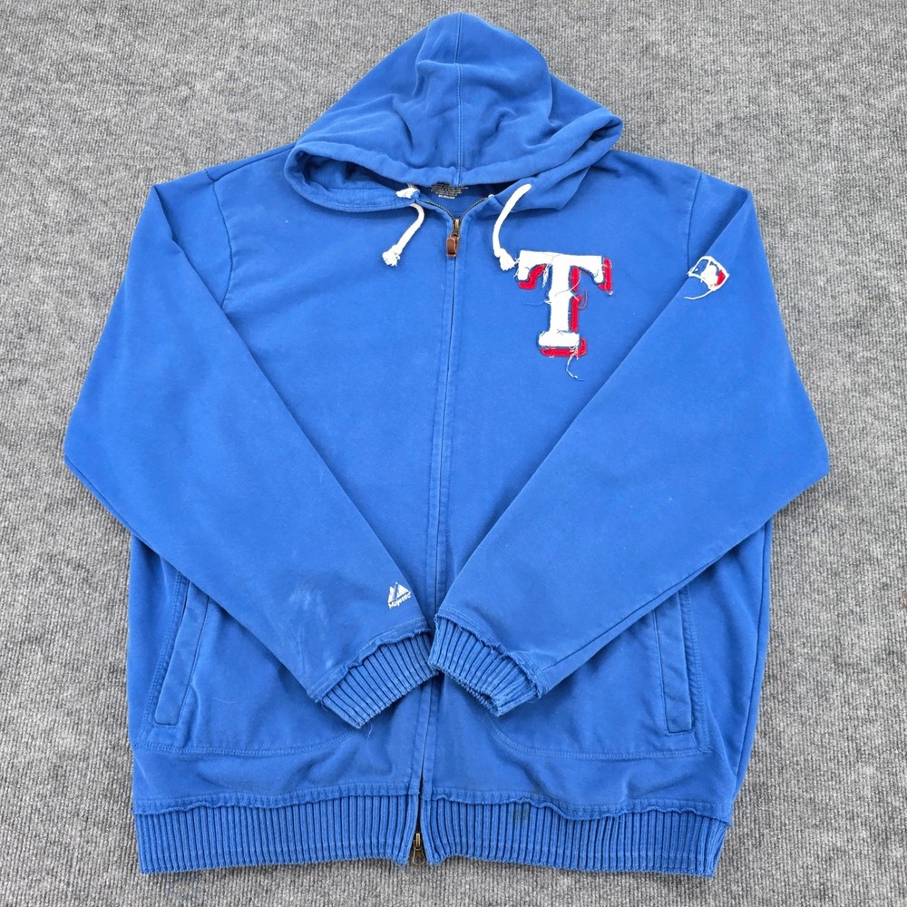 Majestic Texas Rangers MLB Full Zip Hoodie Royal Blue Distressed Logo Mens 2XL